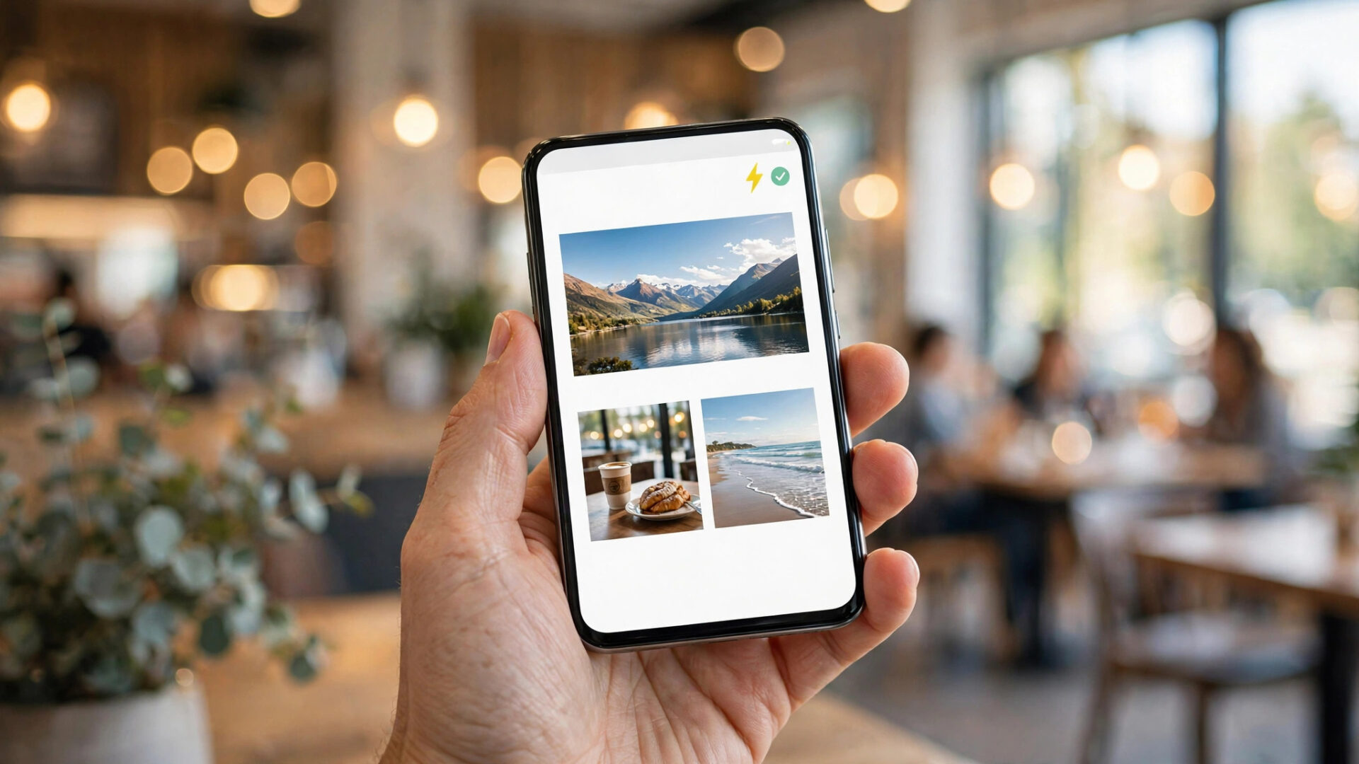 Hand holding a smartphone showing a website loading instantly in a bright cafe