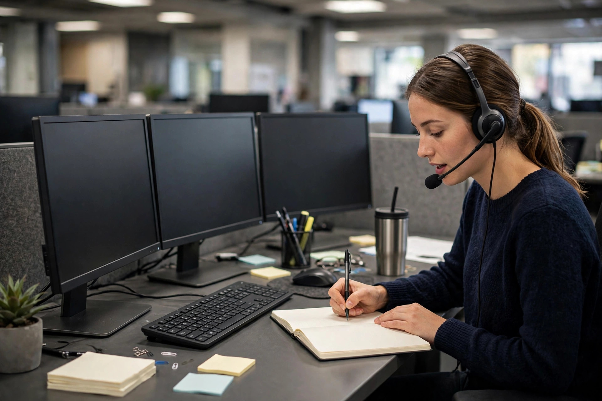 A call center style desk with a person wearing a headset taking notes on a call