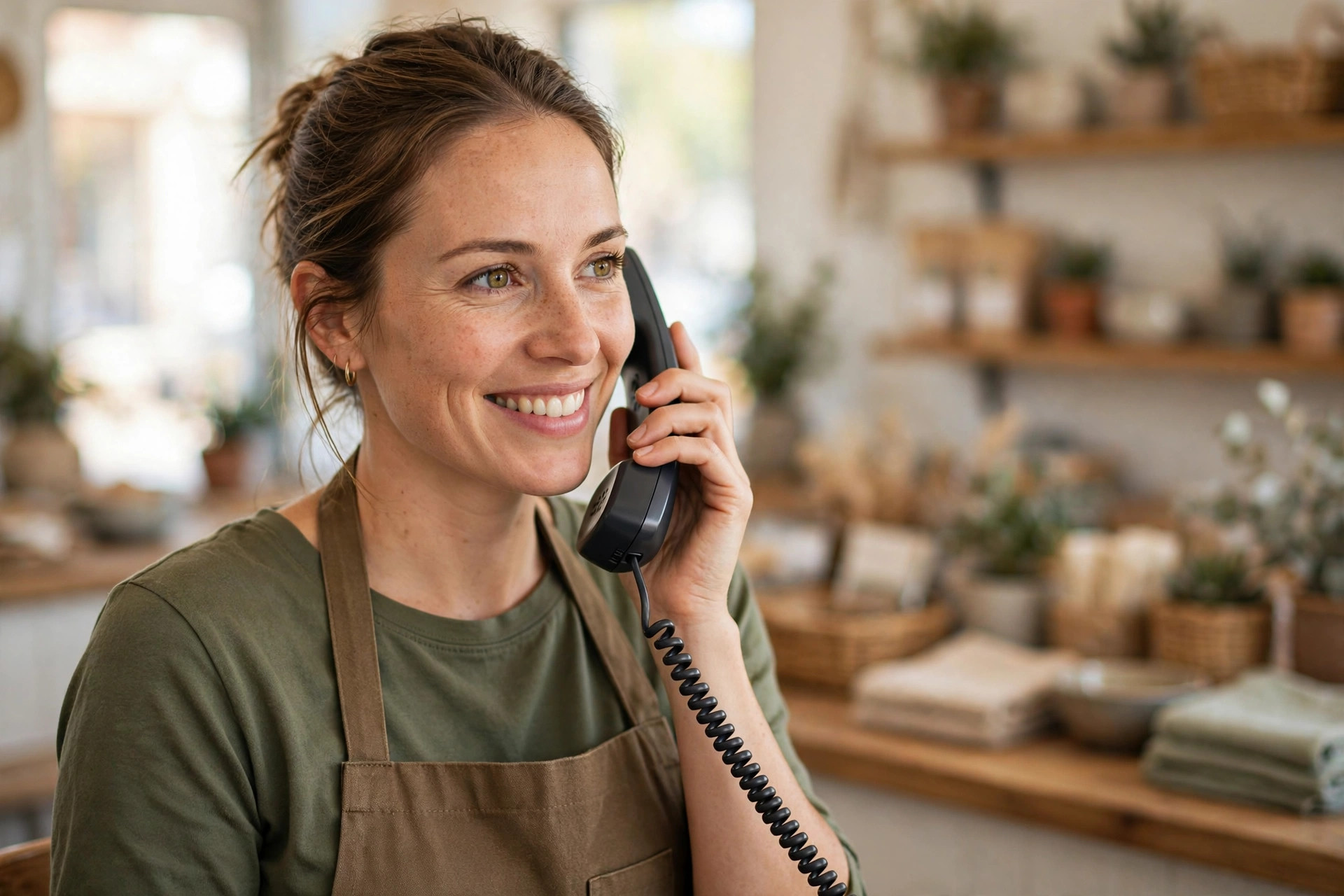 A small business owner answering a ringing phone in a bright shop office