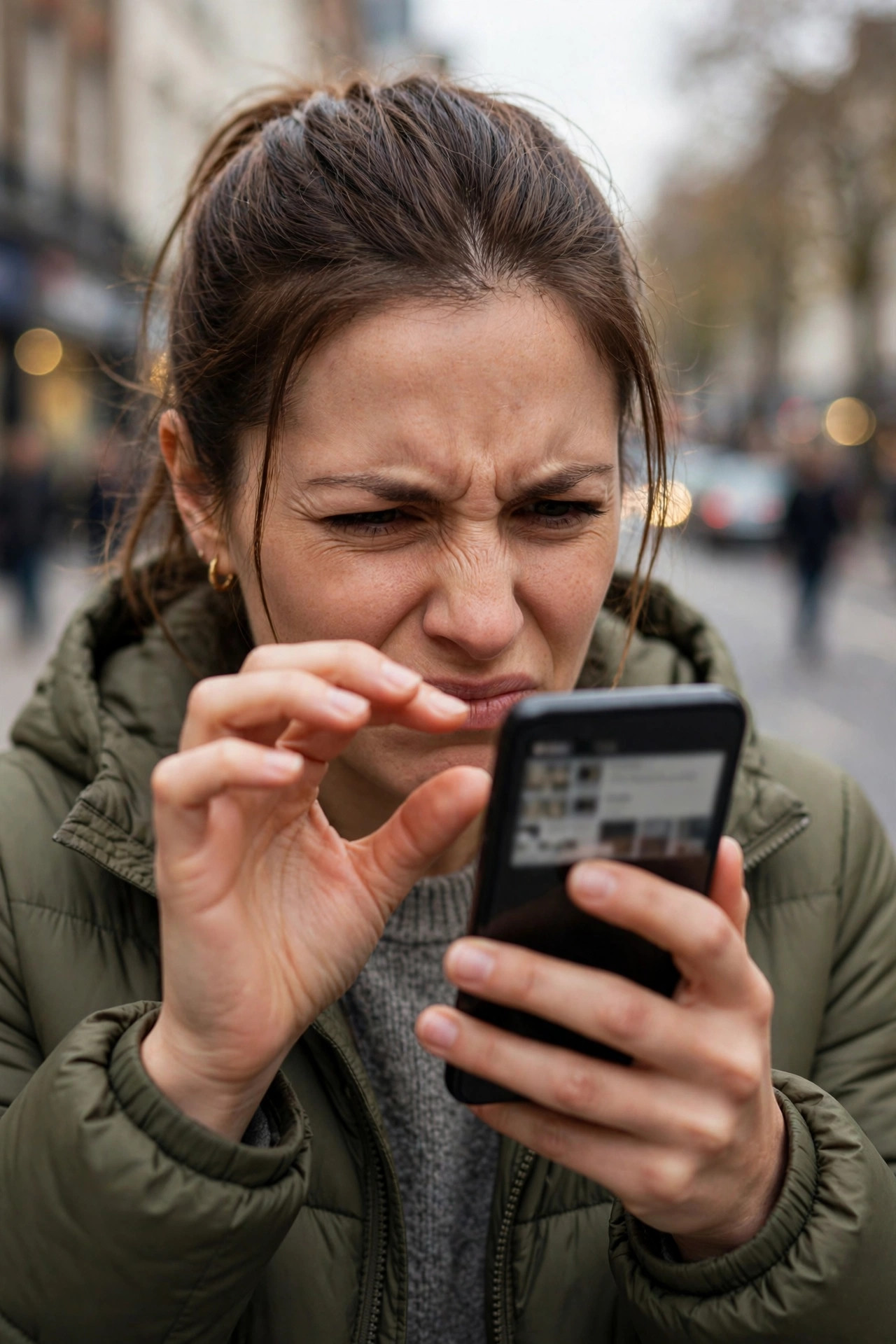 Woman squinting at a hard to read website on her smartphone