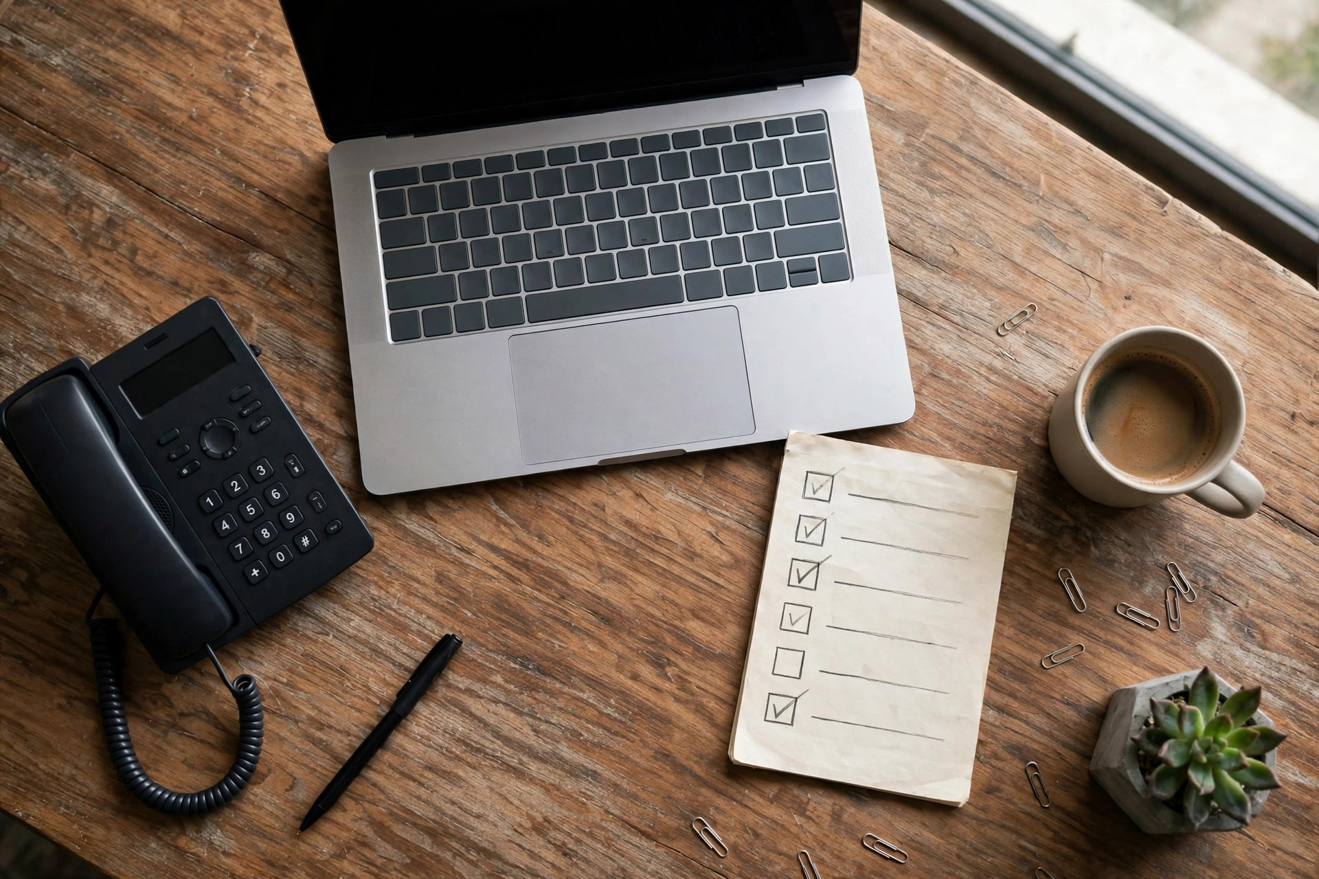Overhead view of an office desk with a telephone, a laptop, and a checklist notepad