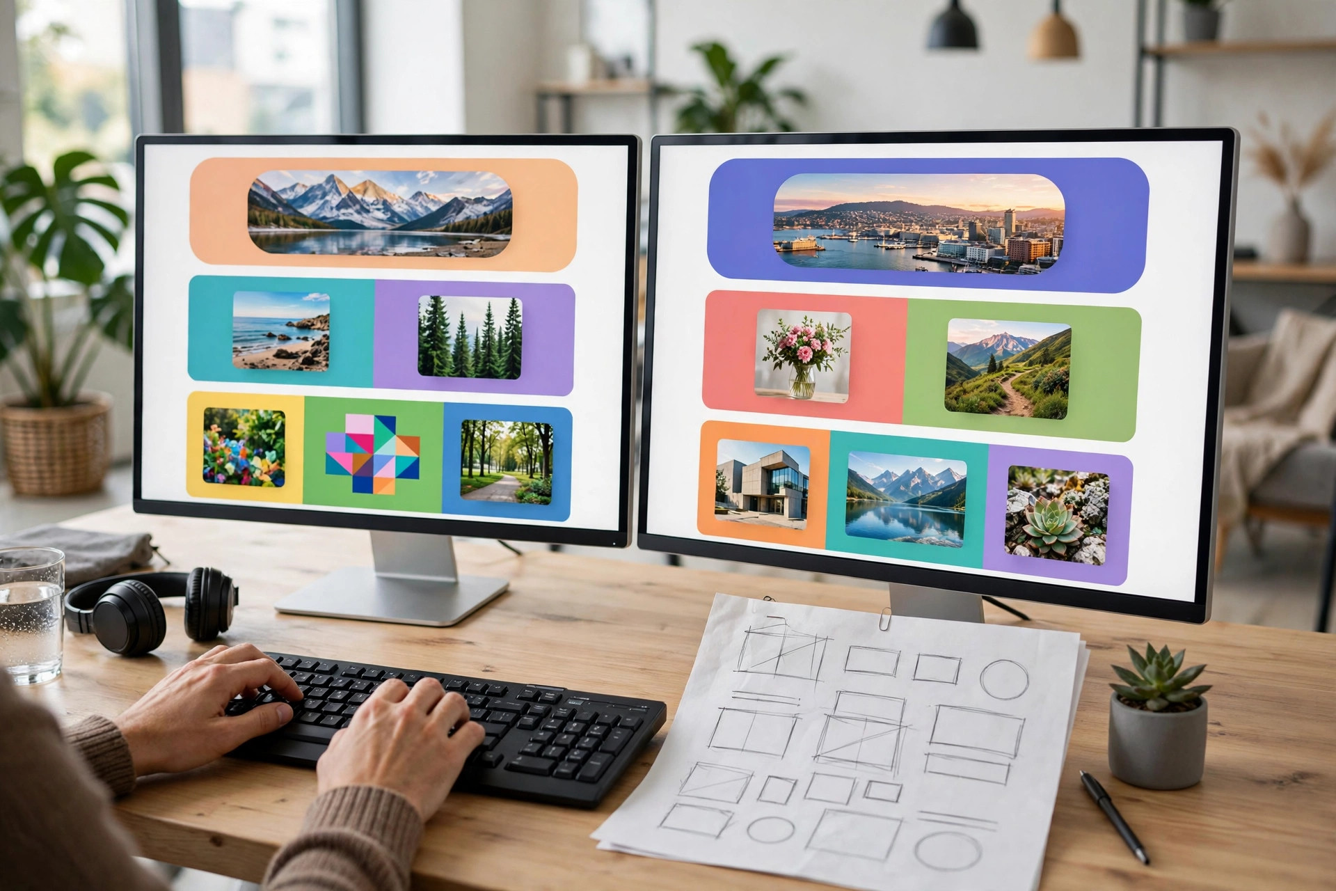 Web designer working on a clean modern website redesign on dual monitors