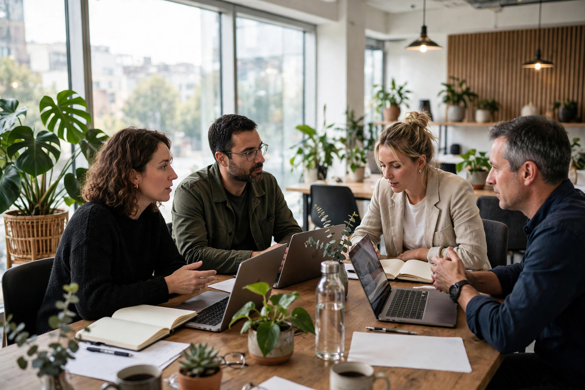 GoHighLevel Alternatives for Small Business: What to Use Instead Small team meeting around a wooden conference table with laptops and notebooks in a bright office