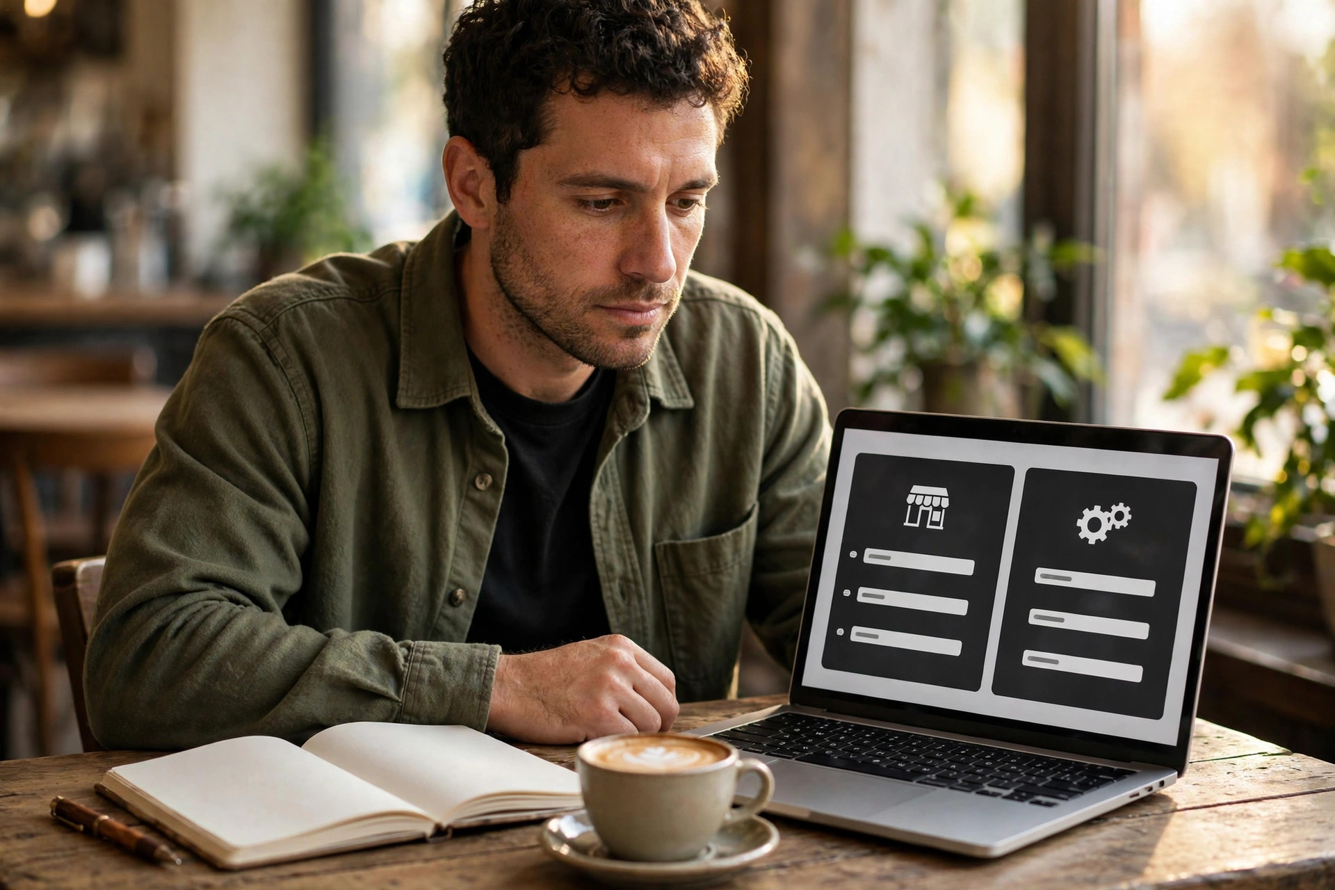 GoHighLevel Alternatives for Small Business: What to Use Instead Business owner comparing software options on a laptop at a cafe table with a notebook and coffee