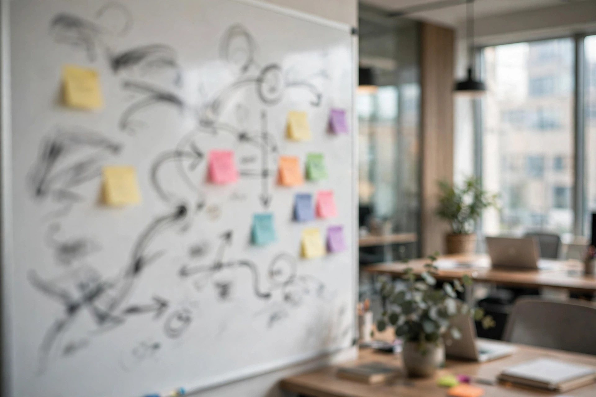 AI SDR for Small Business: What It Does, Costs, and When It Pays Off Whiteboard with abstract blurred sales pipeline diagrams and colorful sticky notes