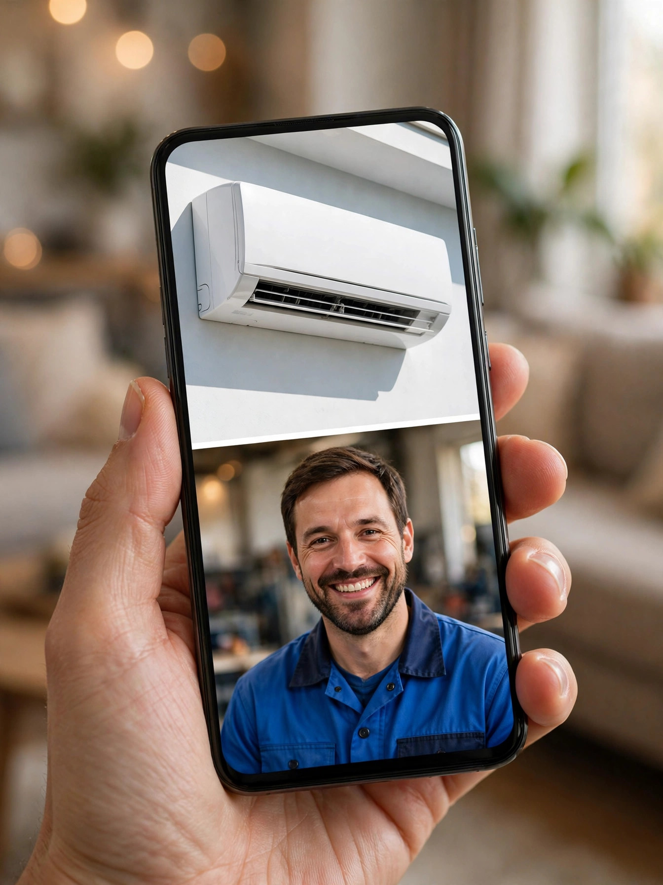 Hand holding a smartphone showing an HVAC service advertisement