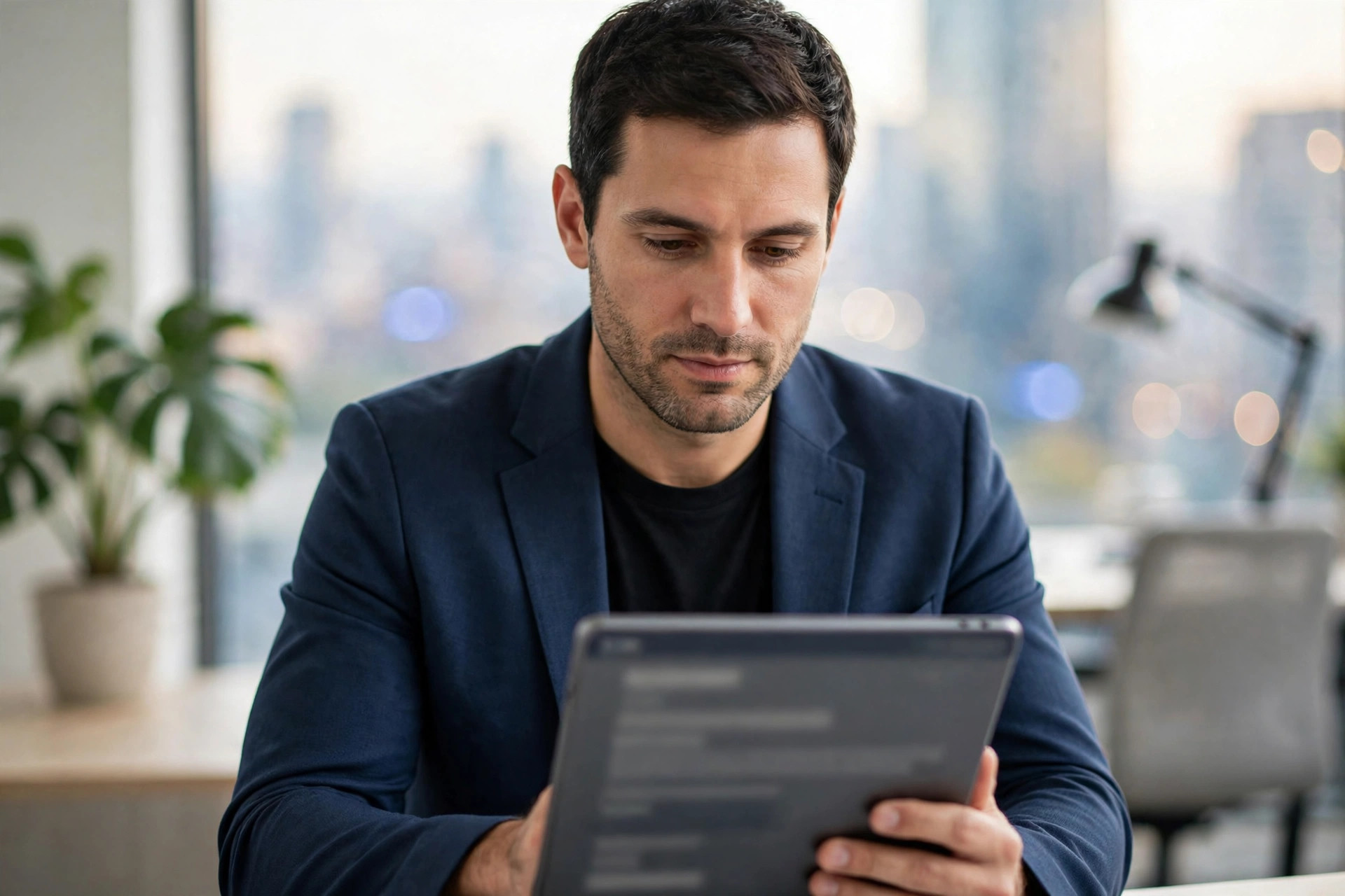 AI SDR for Small Business: What It Does, Costs, and When It Pays Off Business owner reviewing leads on a tablet in a bright modern office