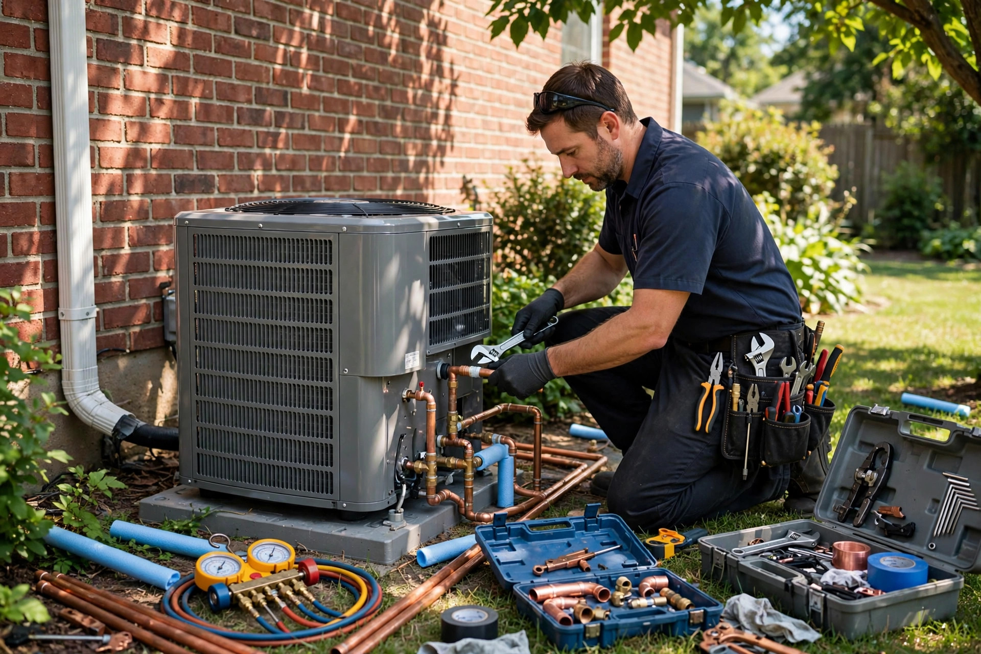 HVAC technician installing a new outdoor air conditioning unit beside a house