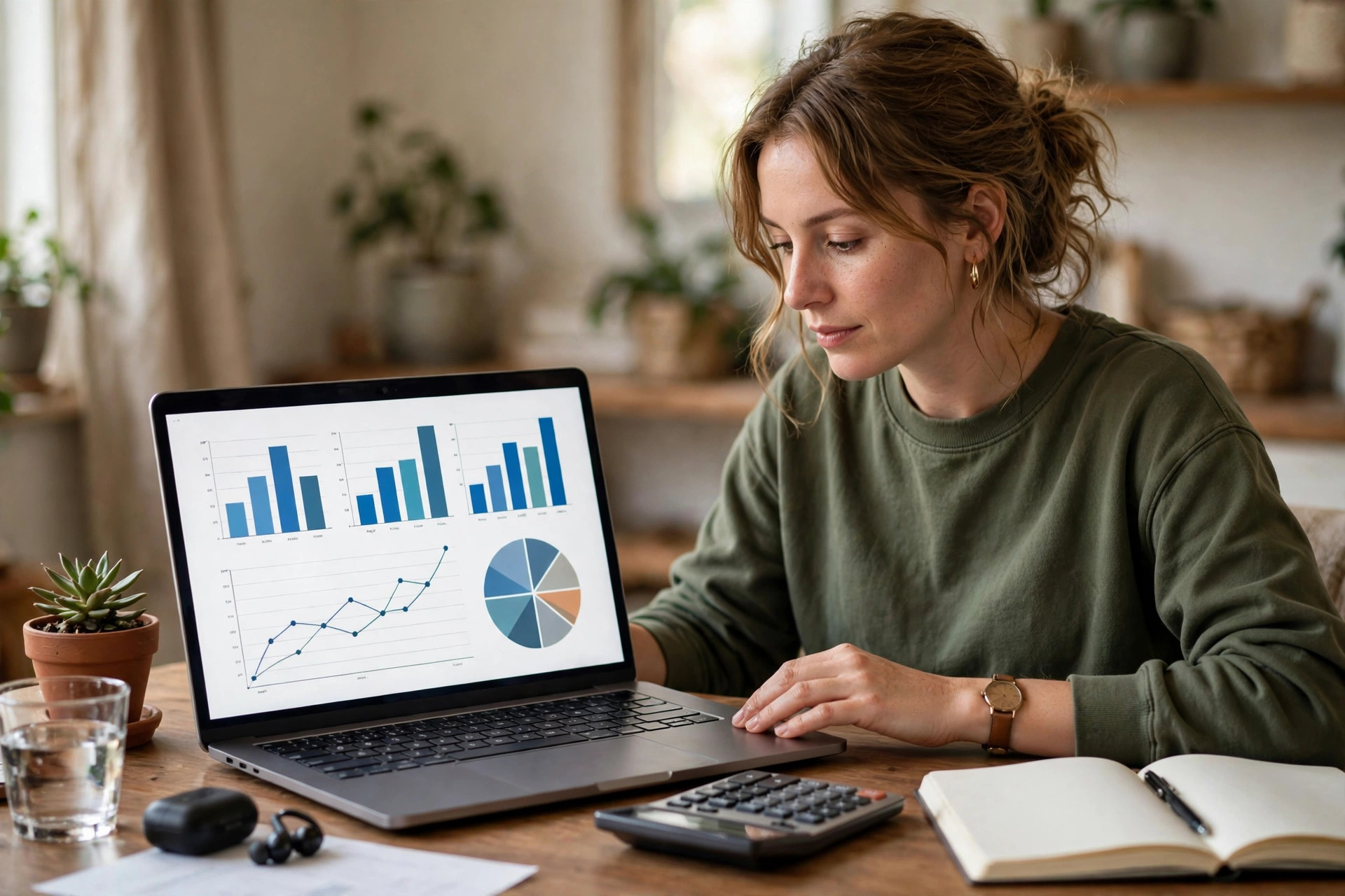 Business owner reviewing advertising cost charts on a laptop