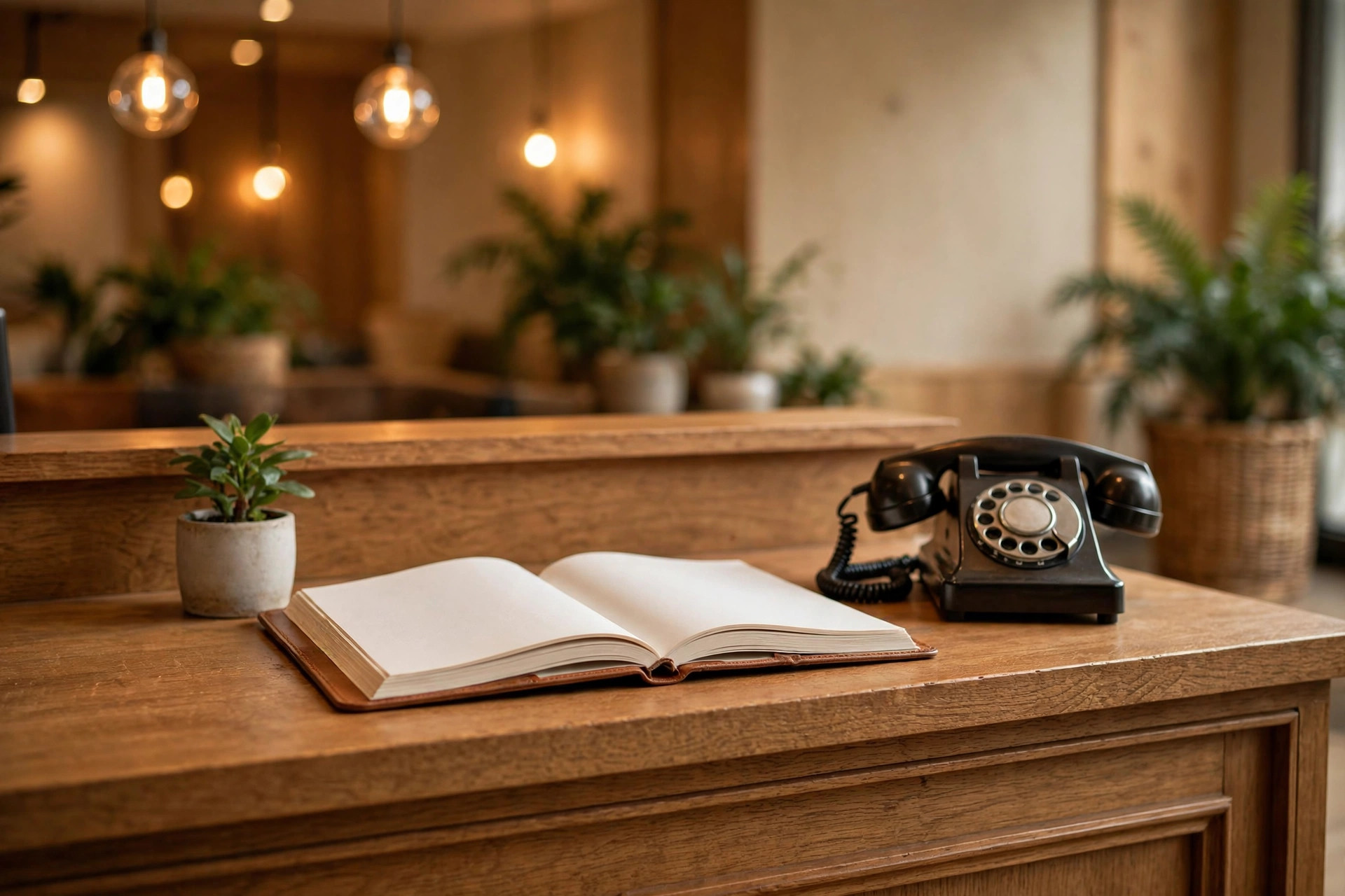 AI Appointment Booking Software for Small Business: The Feature Checklist That Matters Welcoming reception desk with an open appointment book and a telephone in warm lobby light