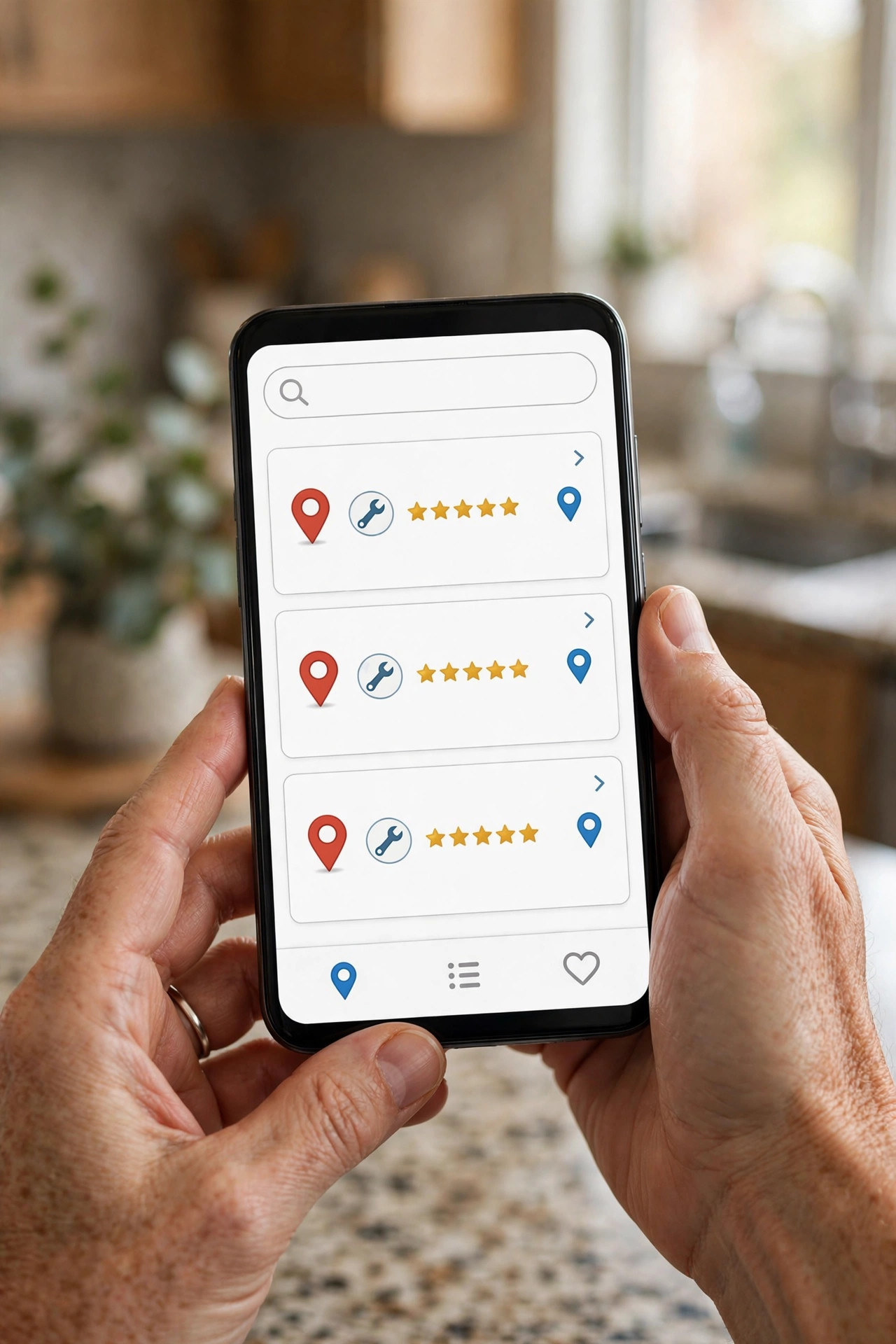 Homeowner holding a smartphone showing local plumber search listings with ratings