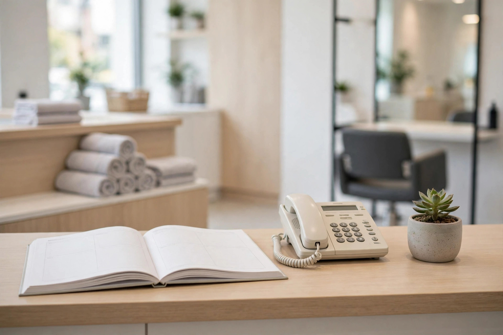 AI Appointment Booking Software for Small Business: The Feature Checklist That Matters Bright beauty salon booking counter with an open appointment book, telephone and plant