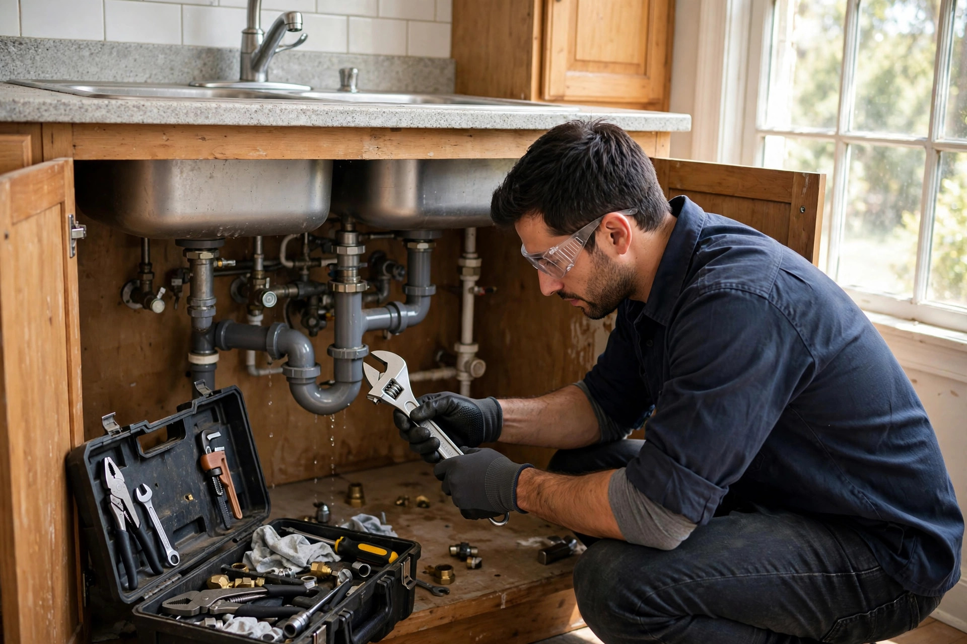 Plumber in gloves repairing a kitchen sink with a wrench