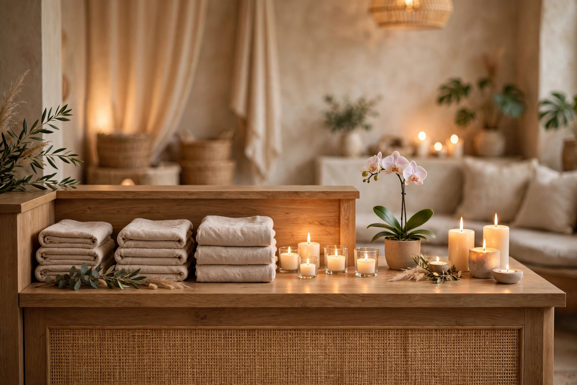 AI Appointment Booking Software for Small Business: The Feature Checklist That Matters Calm spa reception front desk with lit candles, folded towels and an orchid