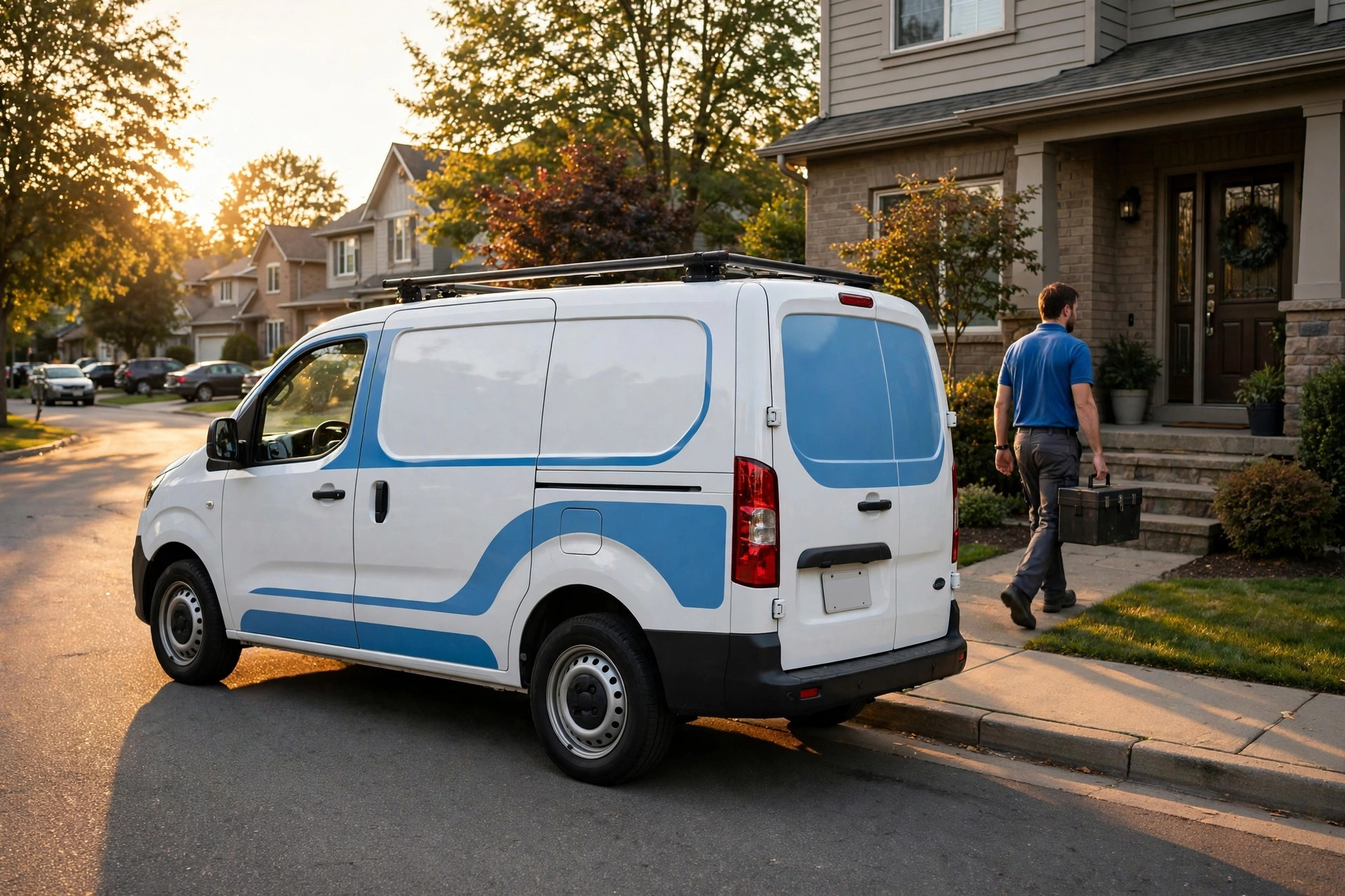 Plumbing service van parked on a residential street at golden hour